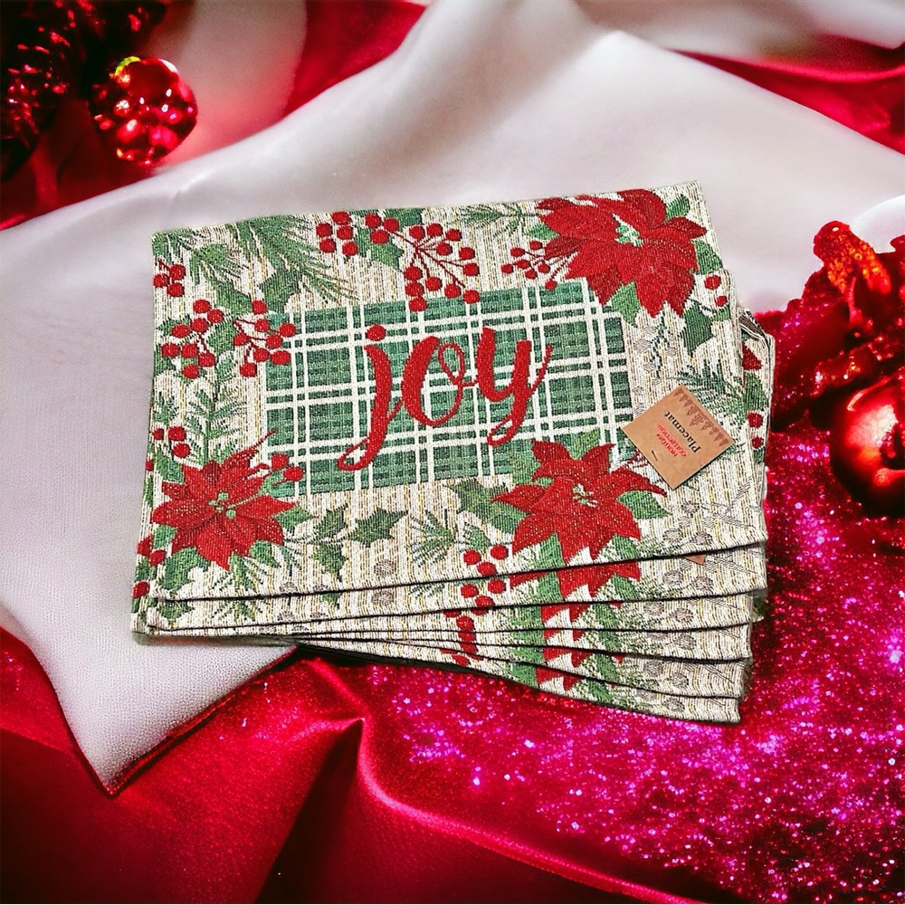 NWT Serafina Home Holiday Joy Christmas Tapestry Placemats, Set of Six New w/Tag